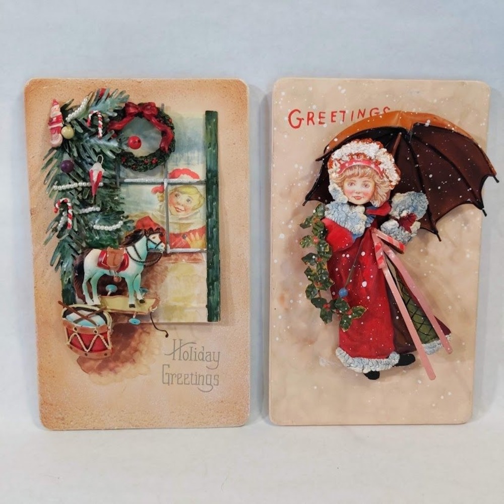 Vintage Style 3D Christmas Wall Plaques Set of 2 Victorian Holiday Greetings 90s